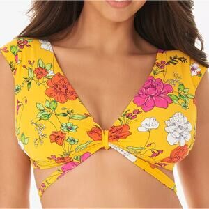 Skinny Dippers Women Yellow Floral Cap Sleeve Tie Wrap Swim Bikini Top Size M